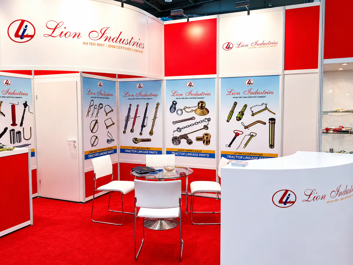 Lion Industries exhibition stand displaying tractor linkage parts